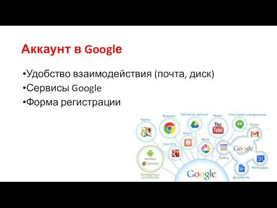 Аккаунт в Googlе Удобство взаимодействия (почта, диск) Сервисы Google Форма регистрации