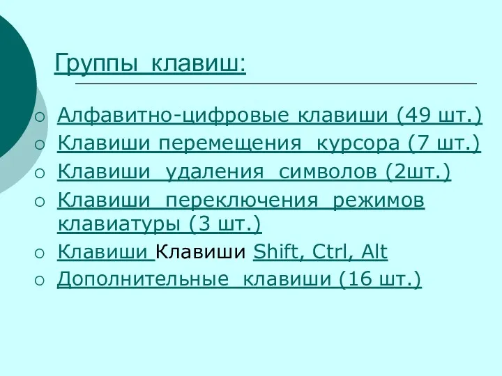 Группы клавиш: Алфавитно-цифровые клавиши (49 шт.) Клавиши перемещения курсора (7