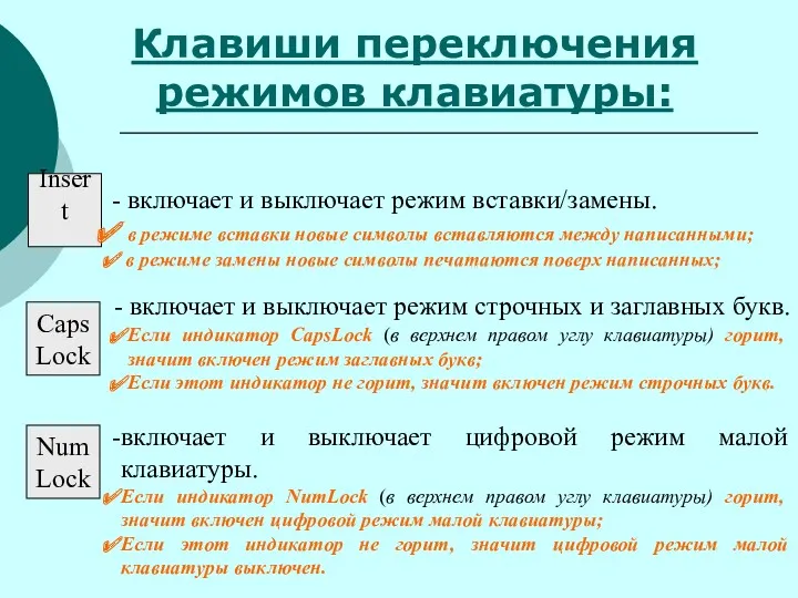 Клавиши переключения режимов клавиатуры: Insert включает и выключает режим вставки/замены.