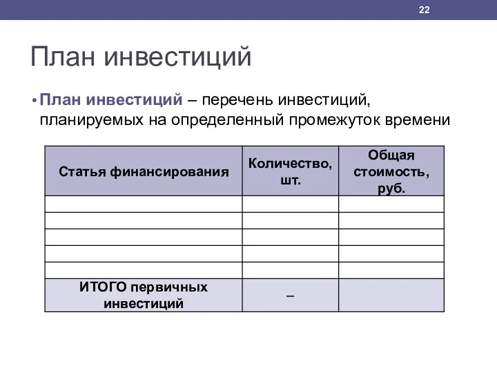 План инвестиций План инвестиций – перечень инвестиций, планируемых на определенный промежуток времени