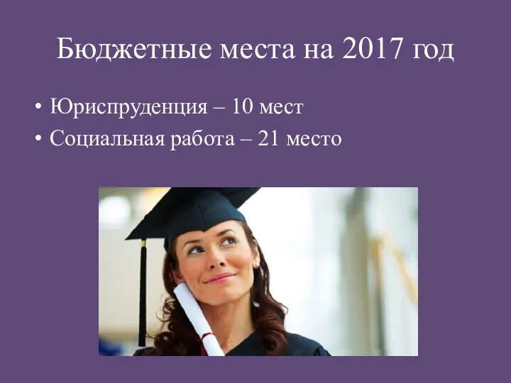 Бюджетные места на 2017 год Юриспруденция – 10 мест Социальная работа – 21 место