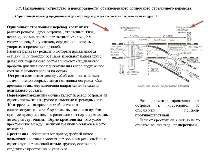 5.7. Назначение, устройство и неисправности обыкновенного одиночного стрелочного перевода. Стрелочный