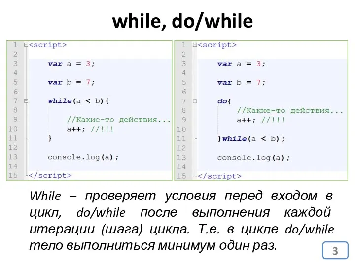 While – проверяет условия перед входом в цикл, do/while после