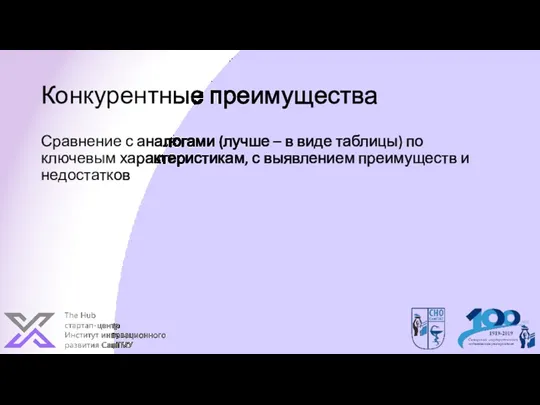 Конкурентные преимущества Сравнение с аналогами (лучше – в виде таблицы)