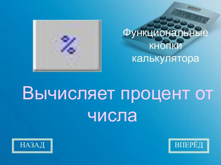 Функциональные кнопки калькулятора Вычисляет процент от числа НАЗАД ВПЕРЁД