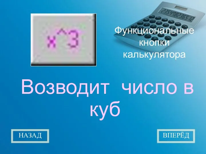 Функциональные кнопки калькулятора Возводит число в куб НАЗАД ВПЕРЁД