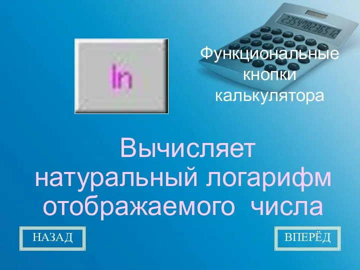 Функциональные кнопки калькулятора Вычисляет натуральный логарифм отображаемого числа НАЗАД ВПЕРЁД