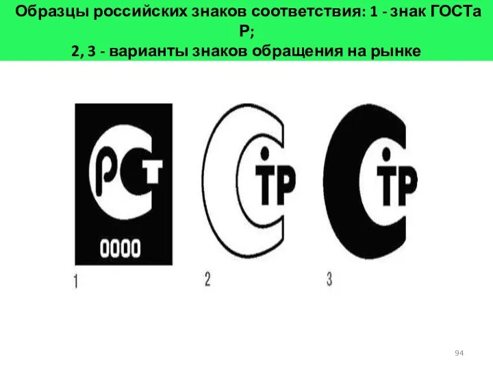 Образцы российских знаков соответствия: 1 - знак ГОСТа Р; 2,