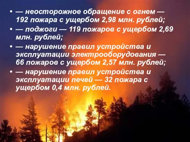 — неосторожное обращение с огнем — 192 пожара с ущербом