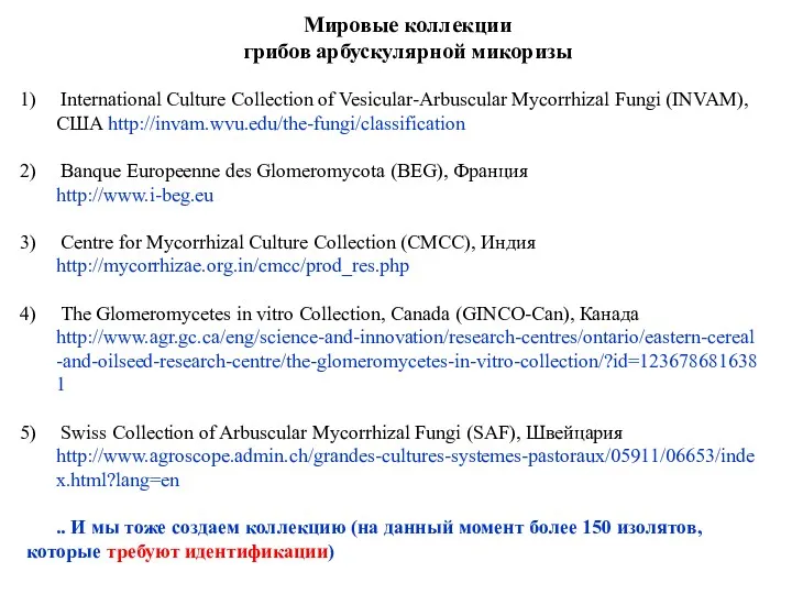 Мировые коллекции грибов арбускулярной микоризы International Culture Collection of Vesicular-Arbuscular