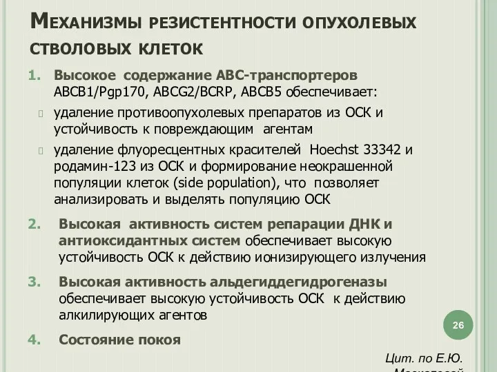 Механизмы резистентности опухолевых стволовых клеток Высокое содержание АВС-транспортеров ABCB1/Pgp170, АВСG2/BCRP,