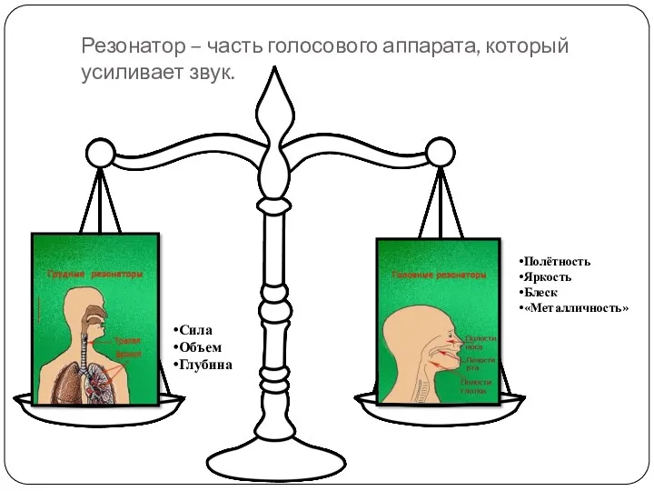 Резонатор – часть голосового аппарата, который усиливает звук. Сила Объем Глубина Полётность Яркость Блеск «Металличность»