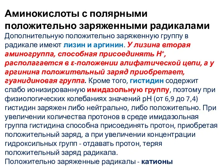 Аминокислоты с полярными положительно заряженными радикалами Дополнительную положительно заряженную группу