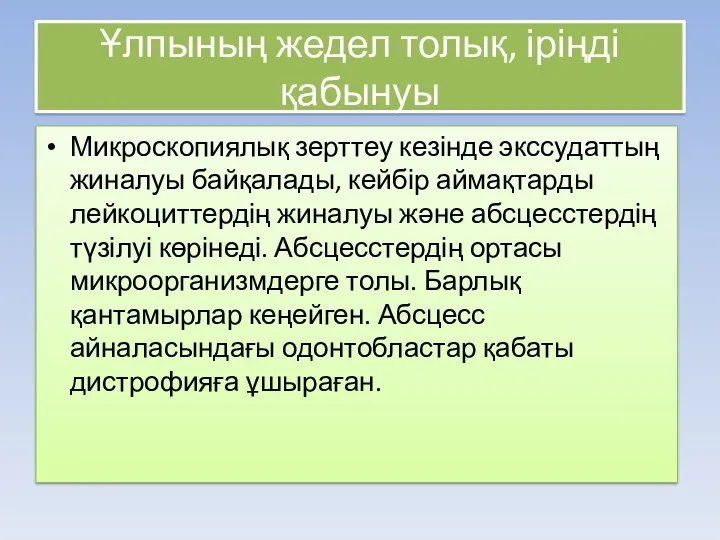 Ұлпының жедел толық, іріңді қабынуы Микроскопиялық зерттеу кезінде экссудаттың жиналуы