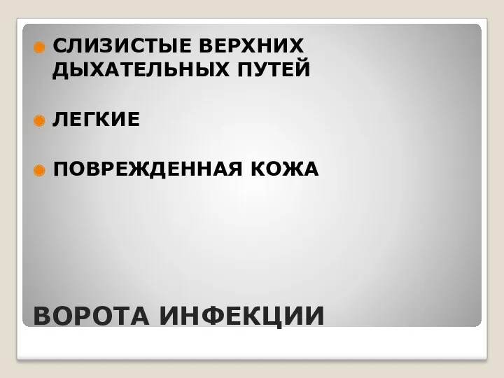 ВОРОТА ИНФЕКЦИИ СЛИЗИСТЫЕ ВЕРХНИХ ДЫХАТЕЛЬНЫХ ПУТЕЙ ЛЕГКИЕ ПОВРЕЖДЕННАЯ КОЖА