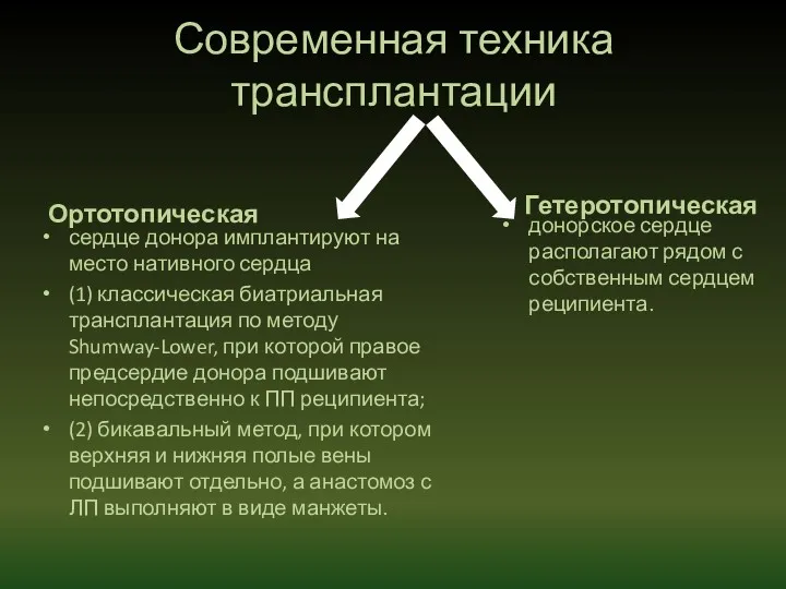 Современная техника трансплантации Ортотопическая Гетеротопическая сердце донора имплантируют на место