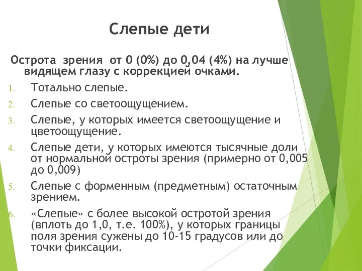 Слепые дети Острота зрения от 0 (0%) до 0,04 (4%)