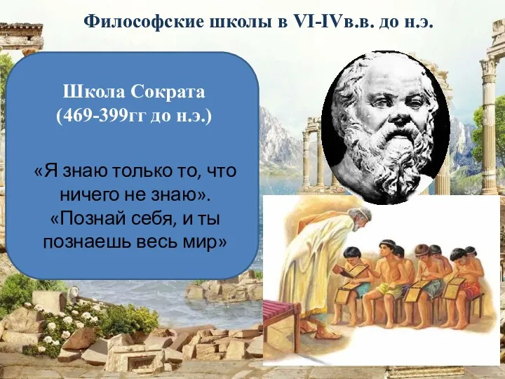 Философские школы в VI-IVв.в. до н.э. Школа Сократа (469-399гг до н.э.) «Я знаю