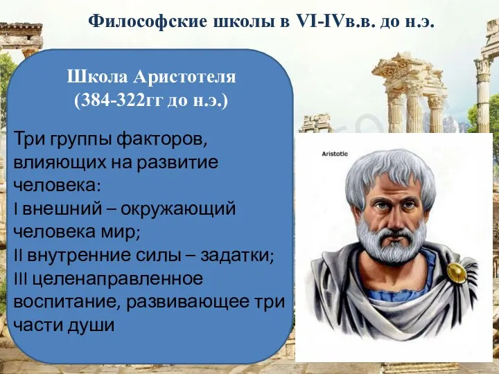 Философские школы в VI-IVв.в. до н.э. Школа Аристотеля (384-322гг до н.э.) Три группы