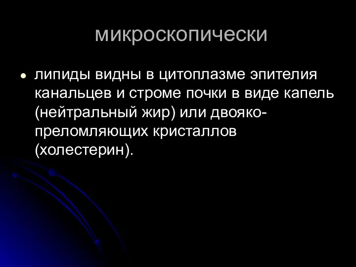 микроскопически липиды видны в цитоплазме эпителия канальцев и строме почки