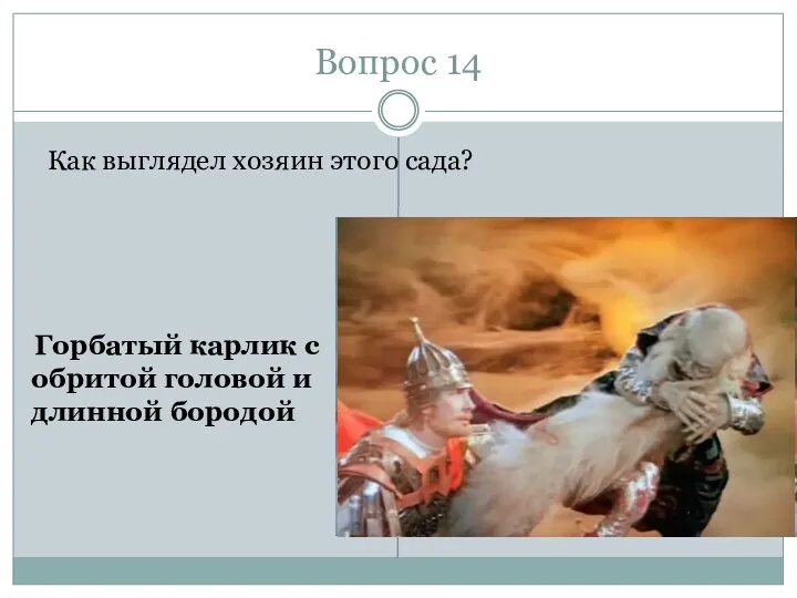 Вопрос 14 Как выглядел хозяин этого сада? Горбатый карлик с обритой головой и длинной бородой