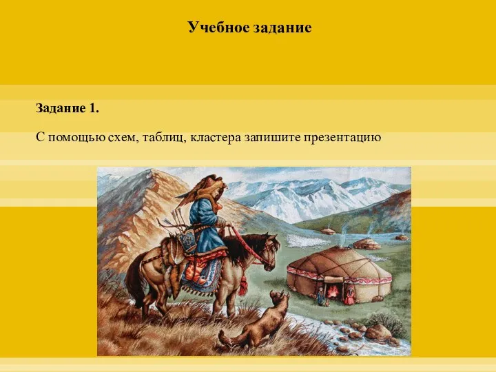 Учебное задание Задание 1. С помощью схем, таблиц, кластера запишите презентацию