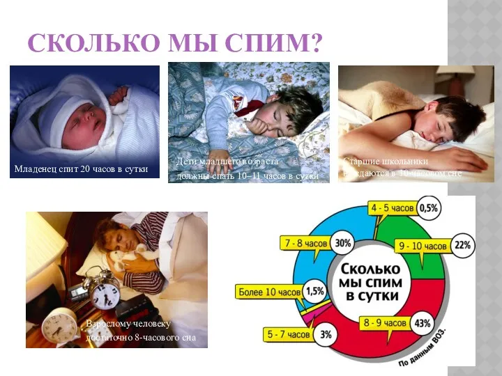 СКОЛЬКО МЫ СПИМ? Младенец спит 20 часов в сутки Дети младшего возраста должны