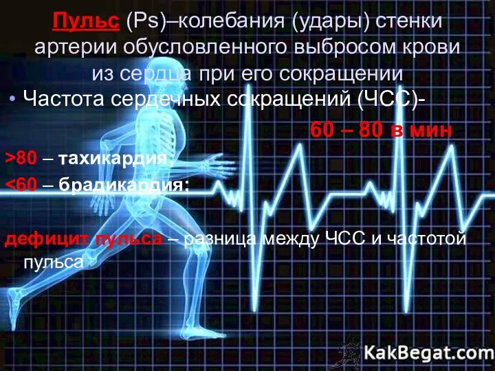 Пульс (Рs)–колебания (удары) стенки артерии обусловленного выбросом крови из сердца