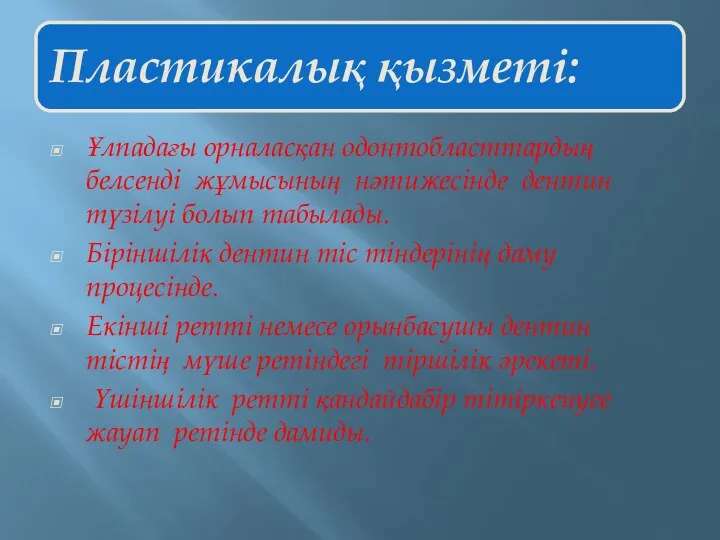 Ұлпадағы орналасқан одонтобласттардың белсенді жұмысының нәтижесінде дентин түзілуі болып табылады.