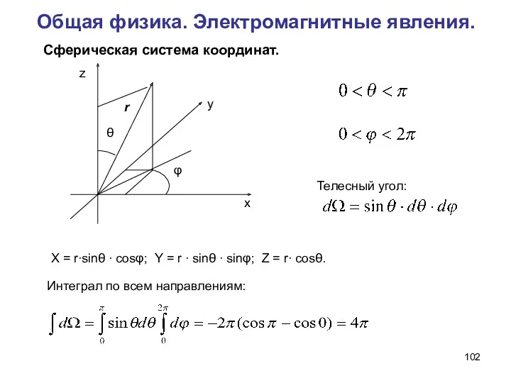 Общая физика. Электромагнитные явления. X = r∙sinθ ∙ cosφ; Y