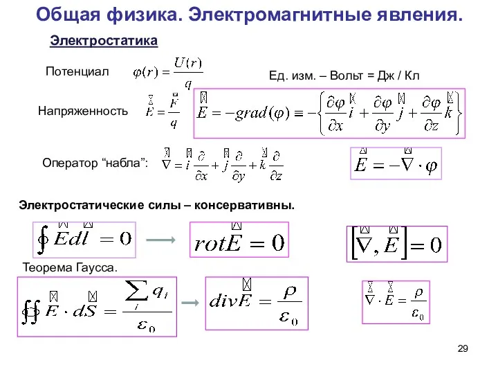 Общая физика. Электромагнитные явления. Потенциал Ед. изм. – Вольт =