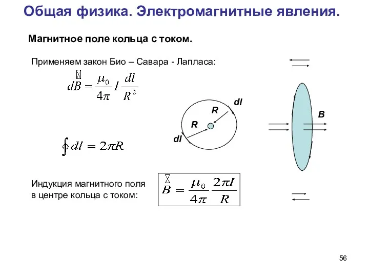 Общая физика. Электромагнитные явления. Магнитное поле кольца с током. Применяем