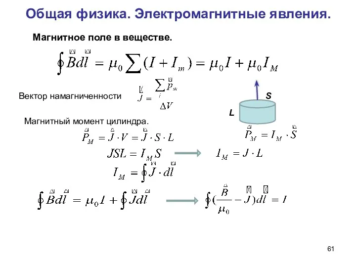 Общая физика. Электромагнитные явления. Магнитное поле в веществе. Вектор намагниченности Магнитный момент цилиндра. S L