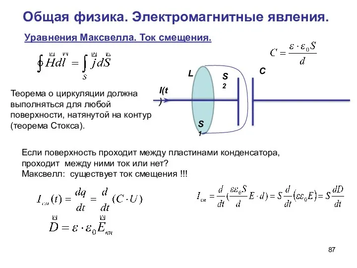 Общая физика. Электромагнитные явления. Уравнения Максвелла. Ток смещения. Теорема о