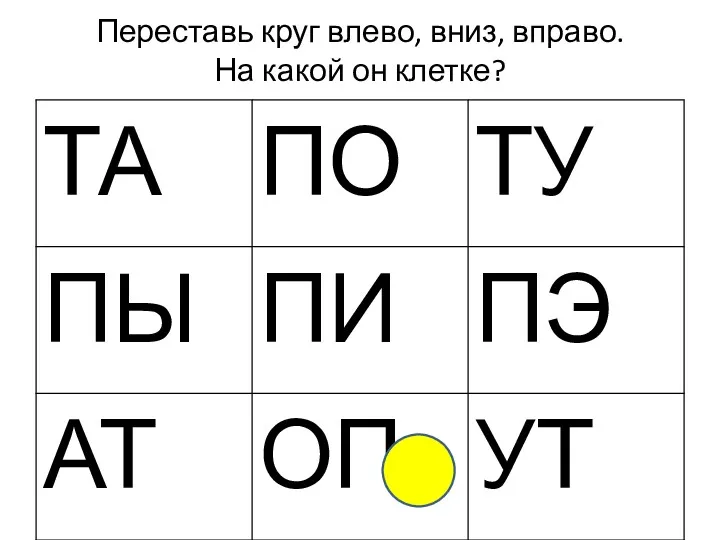 Переставь круг влево, вниз, вправо. На какой он клетке?