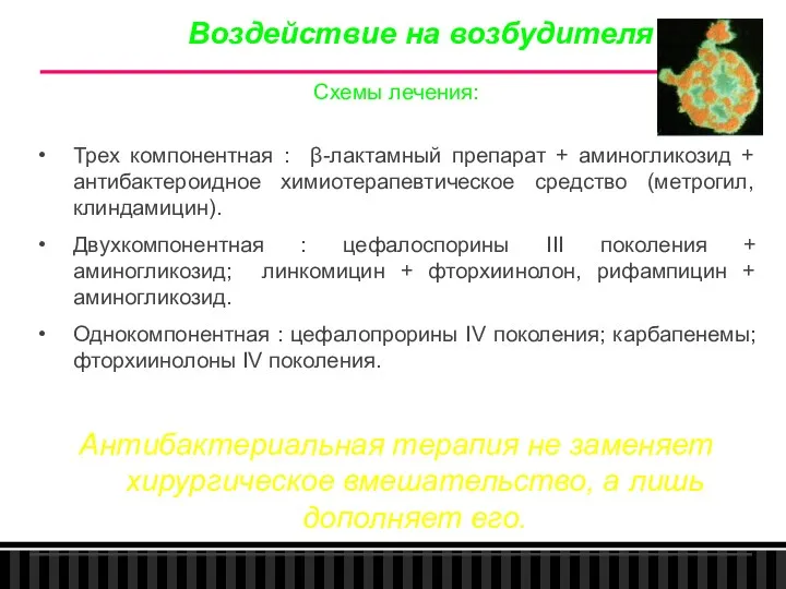 Схемы лечения: Трех компонентная : β-лактамный препарат + аминогликозид + антибактероидное химиотерапевтическое средство