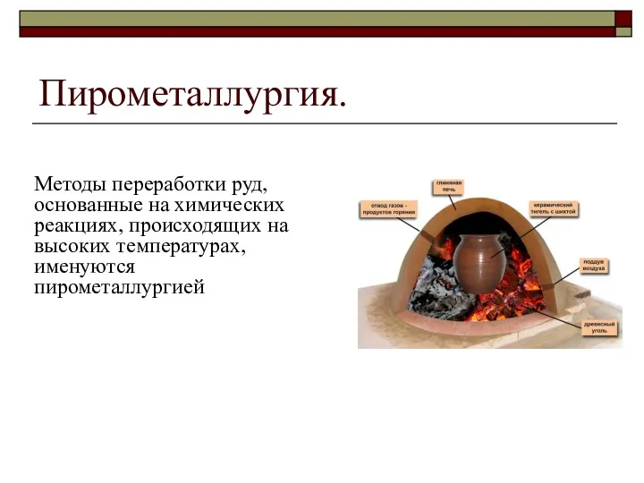 Пирометаллургия. Методы переработки руд, основанные на химических реакциях, происходящих на высоких температурах, именуются пирометаллургией