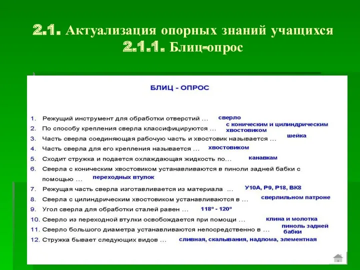 2.1. Актуализация опорных знаний учащихся 2.1.1. Блиц-опрос