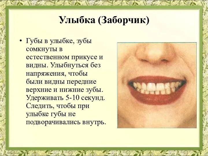 Улыбка (Заборчик) Губы в улыбке, зубы сомкнуты в естественном прикусе