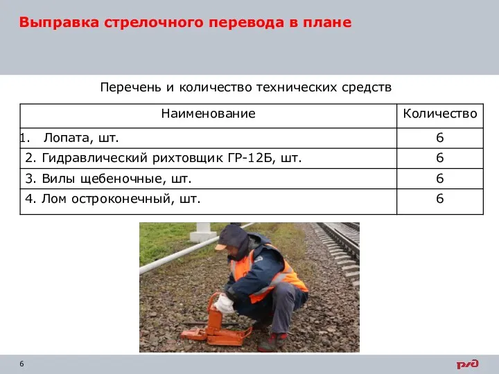 Выправка стрелочного перевода в плане Перечень и количество технических средств