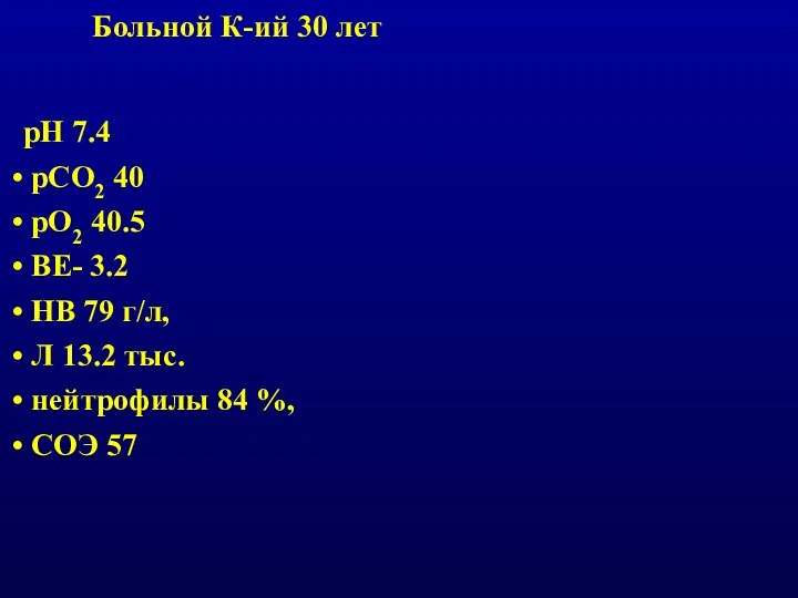 рН 7.4 рСО2 40 рО2 40.5 ВЕ- 3.2 НВ 79