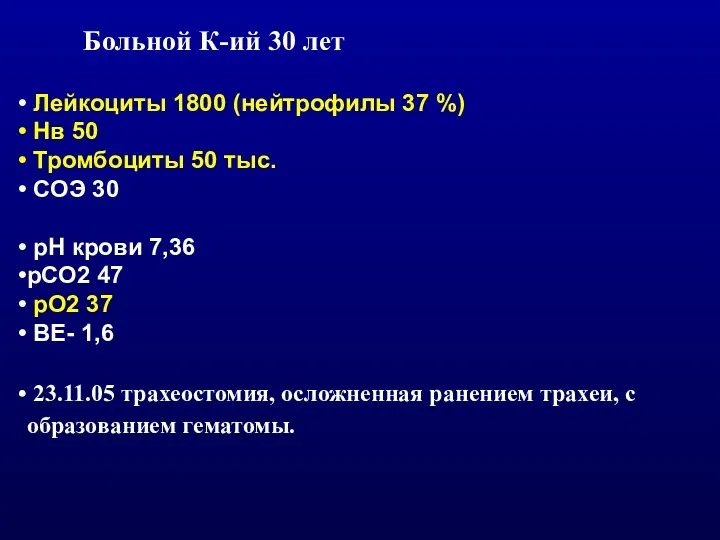 Лейкоциты 1800 (нейтрофилы 37 %) Нв 50 Тромбоциты 50 тыс.