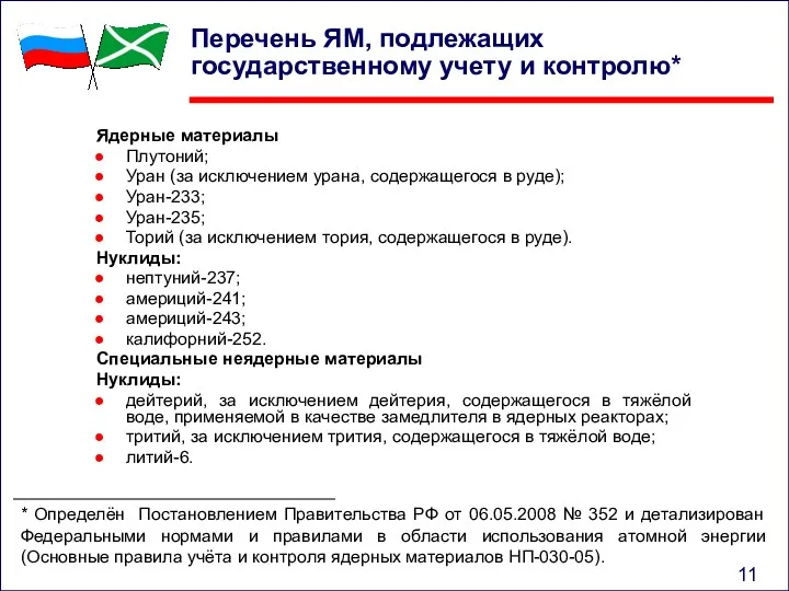 Ядерные материалы Плутоний; Уран (за исключением урана, содержащегося в руде);