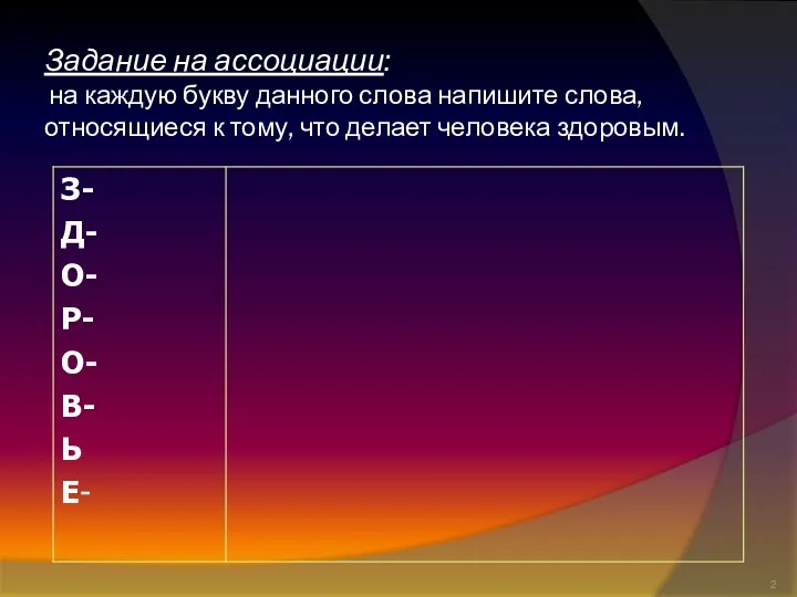 Задание на ассоциации: на каждую букву данного слова напишите слова,