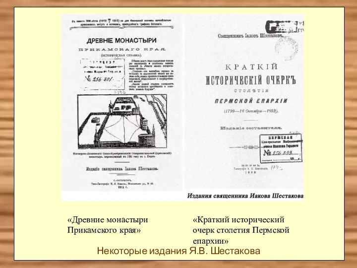 «Древние монастыри Прикамского края» «Краткий исторический очерк столетия Пермской епархии» Некоторые издания Я.В. Шестакова