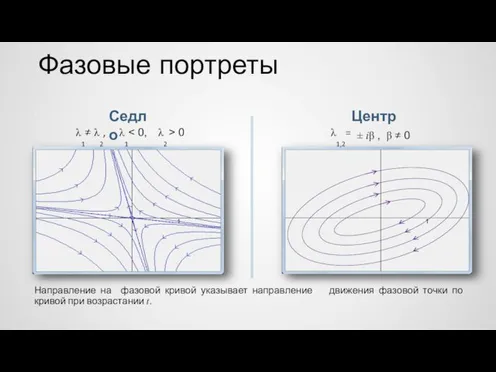 Фазовые портреты Седло Центр λ1≠ λ2, λ1 λ2 > 0