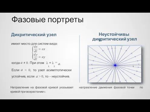 Фазовые портреты Неустойчивый Дикритический узел имеет место для систем вида: