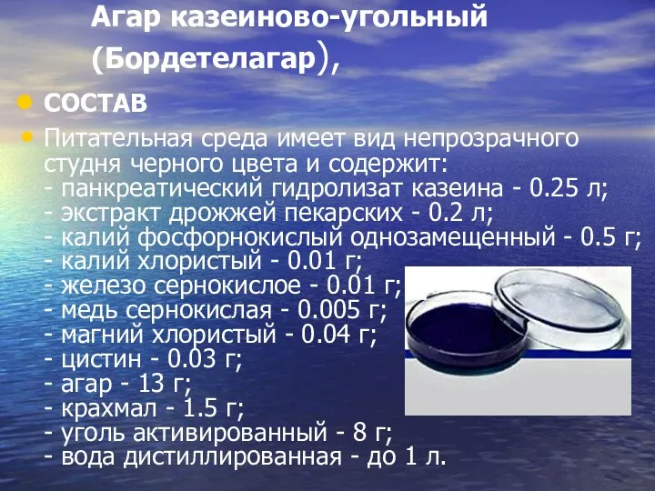 Агар казеиново-угольный (Бордетелагар), СОСТАВ Питательная среда имеет вид непрозрачного студня