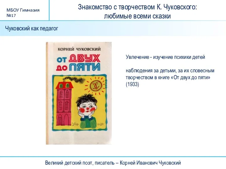 Великий детский поэт, писатель – Корней Иванович Чуковский МБОУ Гимназия №17 Чуковский как