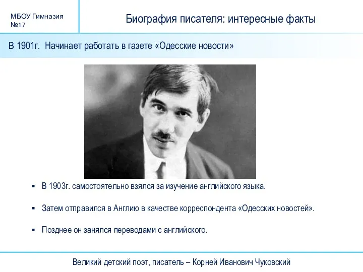 Великий детский поэт, писатель – Корней Иванович Чуковский МБОУ Гимназия №17 В 1901г.